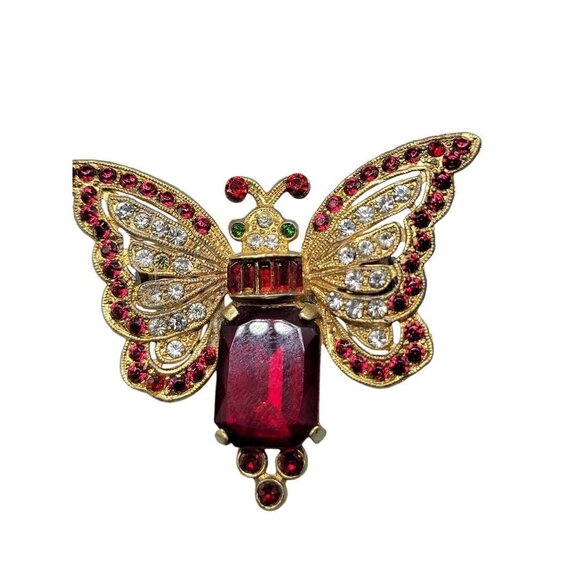 Antique Czech Glass Moth Brooch Red Clear Green Rhinestones Gold Tone - Picture 3 of 7